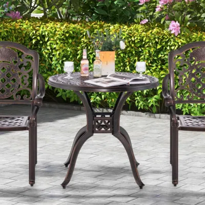 Hivvago 31.5" Cast Aluminum Table Patio Round Dining Table With Umbrella Hole-copper In Brown