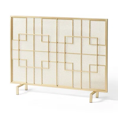 Hivvago 31x41 Fireplace Screen, Overlapping Square Design, Classic Gold Iron