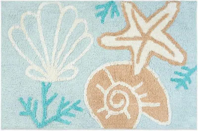 Hivvago 32" Blue Tan And White Cotton Seashells And Coral Bath Rug
