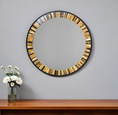 Hivvago 32" Brown And Black Faux Stone Round Framed Accent Mirror In Multi