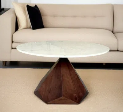 Hivvago 32" Brown And White Solid Wood And Marble Geo Coffee Table