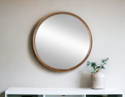 Hivvago 32" Brown Round Wood Framed Accent Mirror