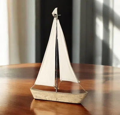 Hivvago 32" Brown Wood And Fabric Sailboat Tabletop Sculpture In Neutral