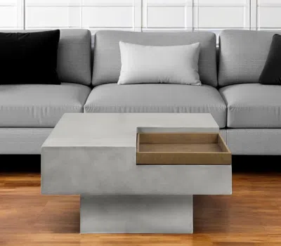 Hivvago 32" Gray Cement Square Distressed Pedestal Coffee Table