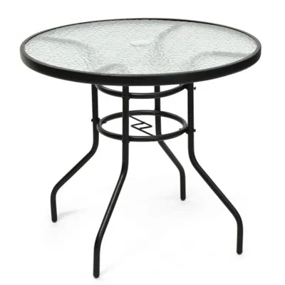 Hivvago 32 Inch Patio Tempered Glass Steel Frame Round Table With Convenient Umbrella Hole In Brown