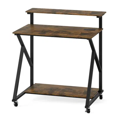 Hivvago 32 Inch Rolling Computer Desk For Small Spaces With Power Outlets In Brown