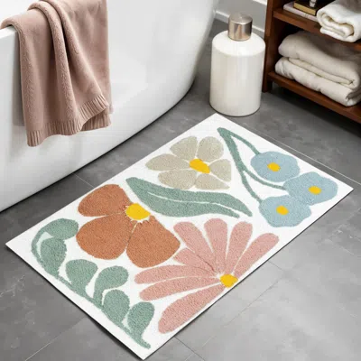 Hivvago 32" Light Blue Red And White Cotton Floral Bath Rug In Multi
