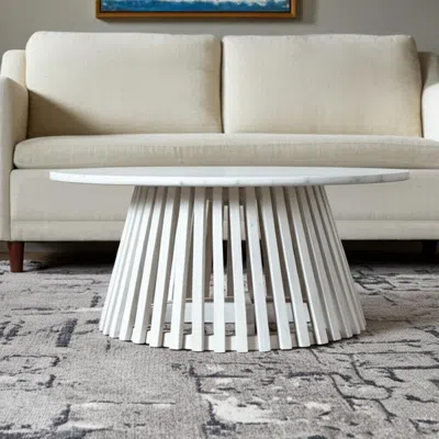 Hivvago 32" White And Natural Genuine Marble And Solid Wood Round Drum Coffee Table