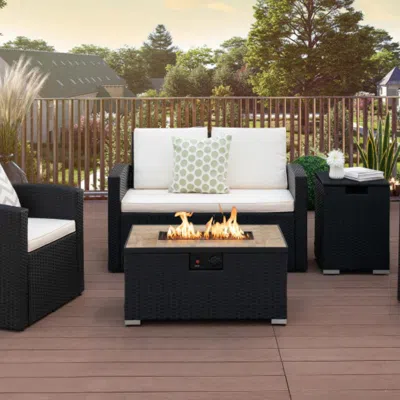 Hivvago 32 X 20 Inch Propane Rattan Fire Pit Table Set With Side Table Tank And Cover-black