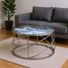 Hivvago 33" Blue And Silver Wood And Iron Faux Marble Geometric Frame Round Coffee Table In Gold