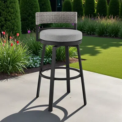 Hivvago 33" Light Gray Metal Swivel Low Back Outdoor Bar Height Chair With Footrest