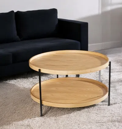 Hivvago 33" Natural And Black Wood And Metal Round Coffee Table In Neutral