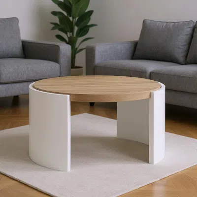 Hivvago 33" Oak And White Wood Round Partial Frame Coffee Table In Brown