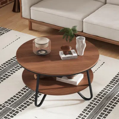 Hivvago 33.5 Inch Round Coffee Table With Wood Grain Finish And Heavy-duty Metal Frame-walnut