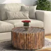 Hivvago 34 Inch Handmade Wooden Round Coffee Table With Plank Design, Burned Brown