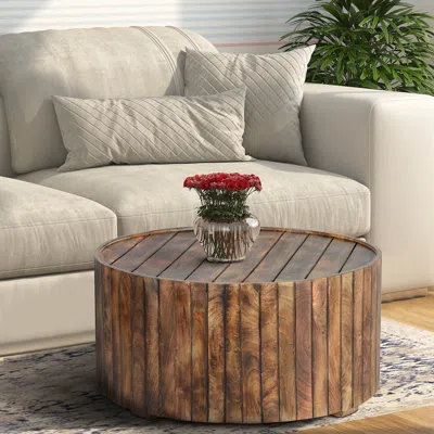 Hivvago 34 Inch Handmade Wooden Round Coffee Table With Plank Design, Burned Brown