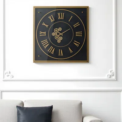 Hivvago 35" Black And Gold Glass And Metal Exposed Gear Square Wall Clock