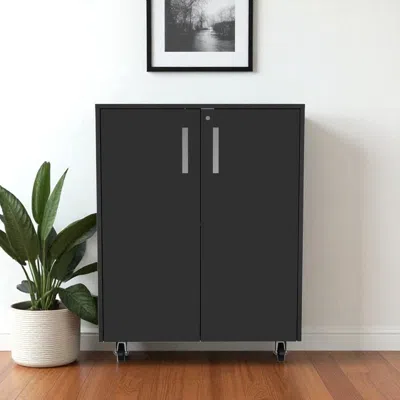 Hivvago 35" Black Wood Rolling Storage Cabinet With Two Doors