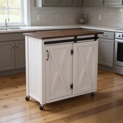 Hivvago 35" Dark Brown And White Wood Rolling Kitchen Cart