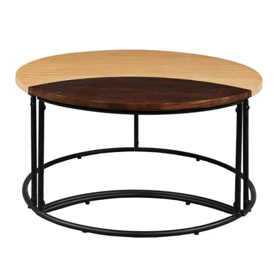 Hivvago 35 Inch 2 Piece Coffee Table With Black Iron Frame, 2 Tone Mango Wood Top In Natural Brown And Walnu