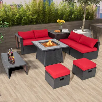 Hivvago 35 Inch Propane Gas Fire Pit Table Wicker Rattan With Lava Rocks Pvc Cover-black In Red
