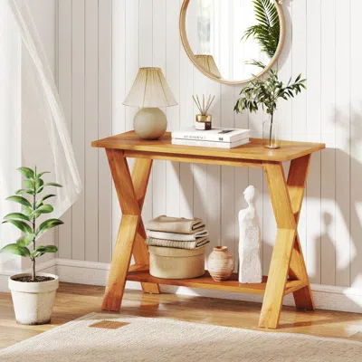 Hivvago 35 Inch Solid Teak Wood Console Table With Storage Shelf In Neutral