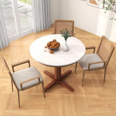 Hivvago 35 Inches Wooden Round Dining Table With Pedestal Base-white