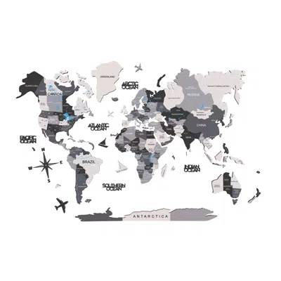 Hivvago 35" X 59" Black Gray And White Wood World Map Hanging Dimensional Sculpture