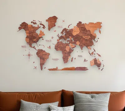 Hivvago 35" X 59" Brown And Tan Wood World Map Hanging Dimensional Sculpture