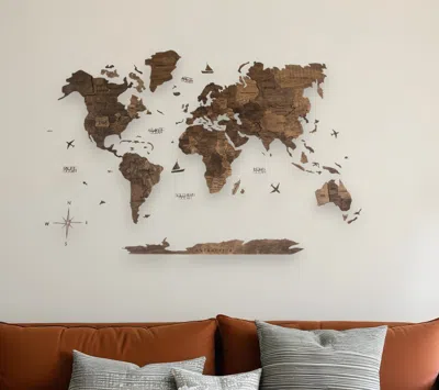 Hivvago 35" X 59" Dark Brown Wood World Map Hanging Dimensional Sculpture