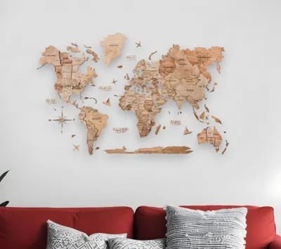 Hivvago 35" X 59" Wood Brown Wood World Map Hanging Dimensional Sculpture