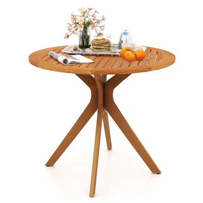 Hivvago 35.5 Inch Patio Wood Dining Table With Slatted Tabletop And Curved Legs In Brown