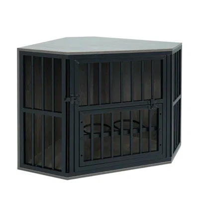 Hivvago 35.5 Inches Wooden Dog Kennel End Table With 3-position Dog Bowl Rack In Brown