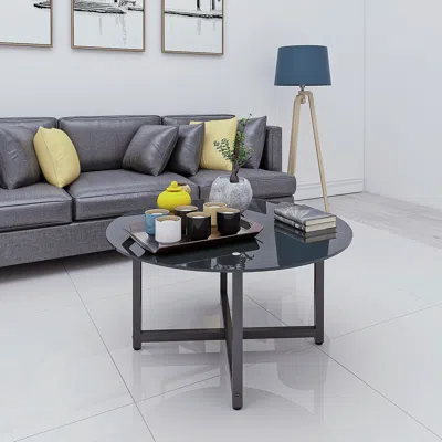 Hivvago 35.5'' Modern Design Round Clear Tempered Glass Coffee Table - Black In Gray