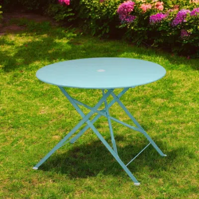 Hivvago 36" Aqua Rounded Aluminum Folding Outdoor Dining Table With Umbrella Hole In Blue