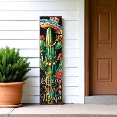 Hivvago 36" Black And Green Cinco De Mayo Cactus Solid Wood Porch Sign