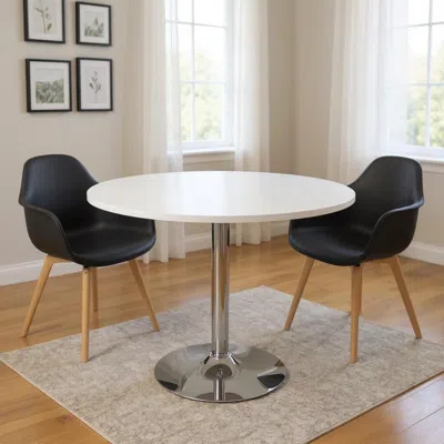Hivvago 36" Black And Silver Wood And Metal Pedestal Base Round Top Dining Table In White