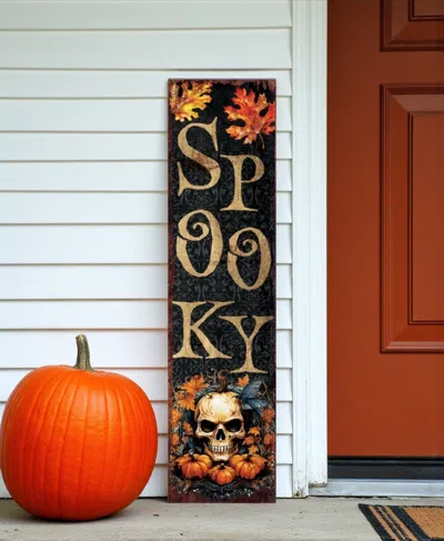 Hivvago 36" Black Gold And Orange Solid Wood Spooky Halloween Skull Porch Sign