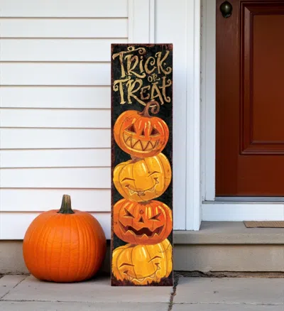 Hivvago 36" Black Gold And Orange Solid Wood Trick Or Treat Halloween Pumpkin Porch Sign In Multi