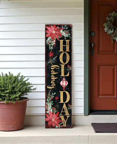Hivvago 36" Black Gold Green And Red Solid Wood Happy Holidays Christmas Poinsettia Porch Sign