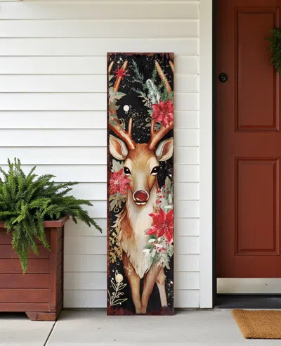 Hivvago 36" Black Red And Green Christmas Reindeer Solid Wood Porch Sign