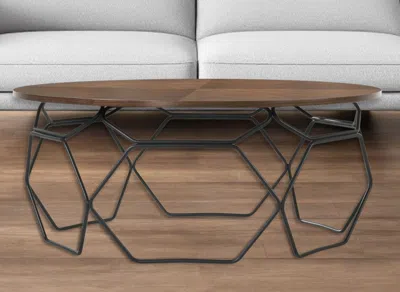 Hivvago 36" Brown And Black Solid Wood And Metal Round Coffee Table
