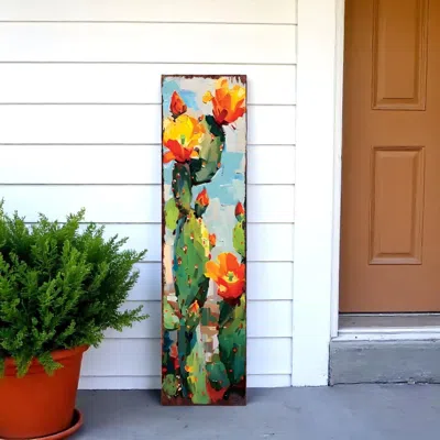 Hivvago 36" Green And Orange Cactus Solid Wood Porch Sign In Multi