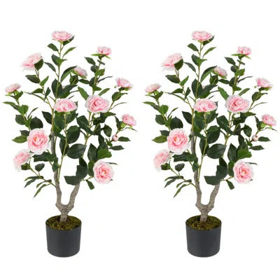 Hivvago 36 Inch Artificial Camellia Tree With Blooming Flower 2 Pack