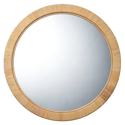 Hivvago 36 Inch Coastal Style Round Mirror, Hand Woven Rattan Frame, Glass, Brown