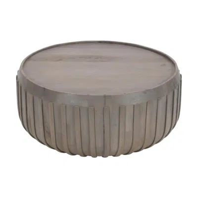 Hivvago 36 Inch Handcrafted Mango Wood Coffee Table, Round Shape, Egyptian Stripe Bone Inlay, Washed Brown