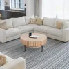 Hivvago 36 Inch Modern Handcrafted Round Coffee Table, Oak White Wood Top With Grooved Edges, Black Iron Leg