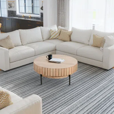 Hivvago 36 Inch Modern Handcrafted Round Coffee Table, Oak White Wood Top With Grooved Edges, Black Iron Leg