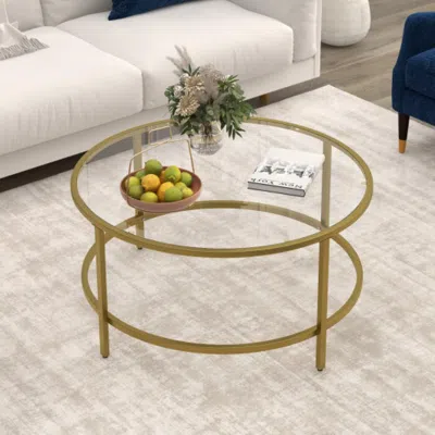 Hivvago 36 Inch Round Coffee Table With Tempered Glass Tabletop-golden