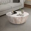 Hivvago 36 Inch Round Mango Wood Coffee Table, Subtle Grains, Distressed White In Neutral